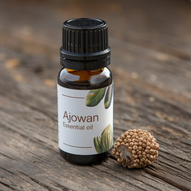 A photo of Ajowan Essential Oil bottle with a label. The label has the text Ajowan Essential Oil. There is a piece of Ajowan seed next to the bottle.