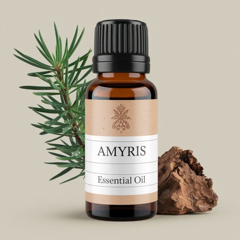 A photo of Amyris Essential Oil bottle with a label. The label has the text Amyris Essential Oil There is a piece of Amyris balsamifera tree next to the bottle.