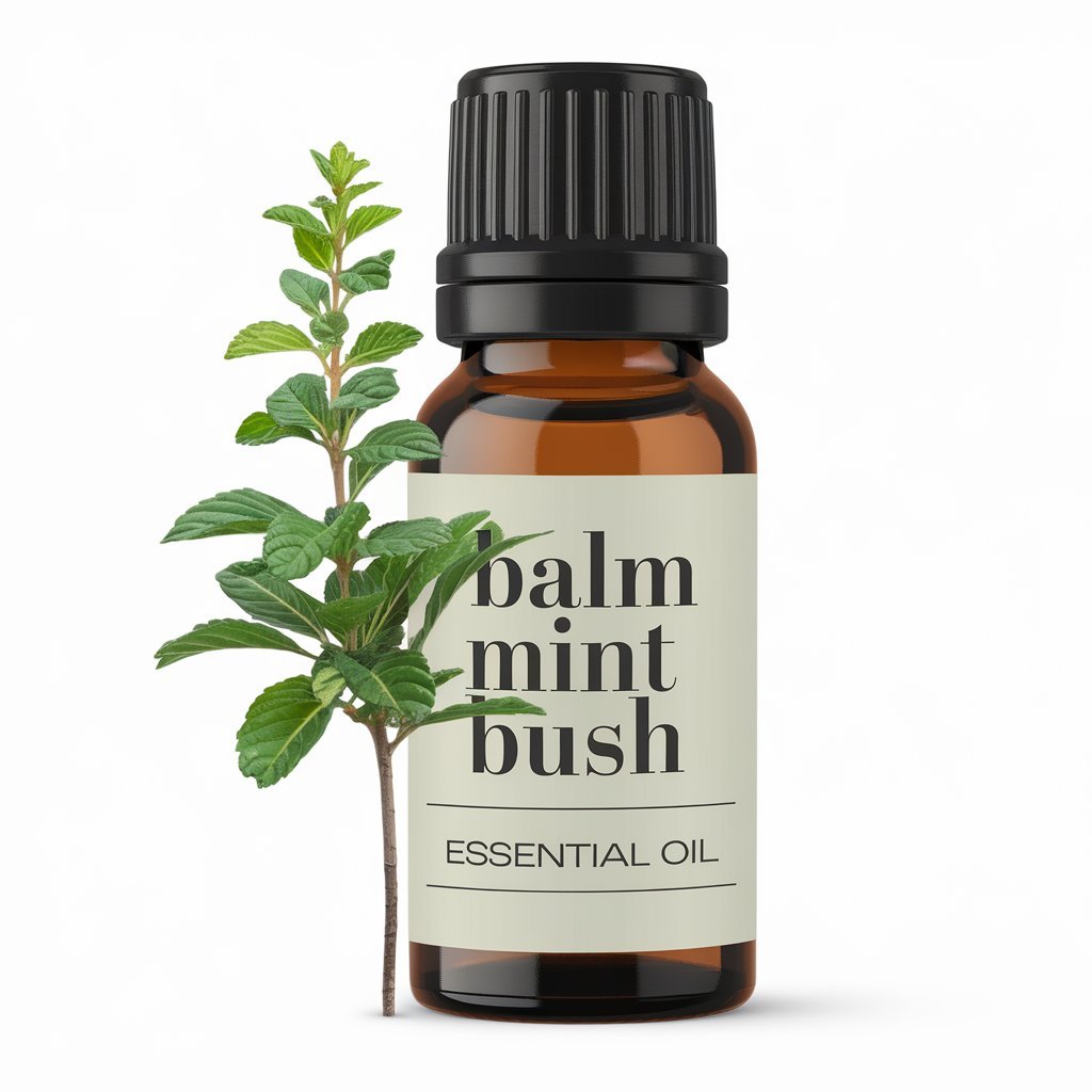 A photo of Balm Mint Bush Essential Oil bottle with a label. The label has the text Balm Mint Bush Essential Oil There is a Balm Mint Bush tiny tree next to the bottle.