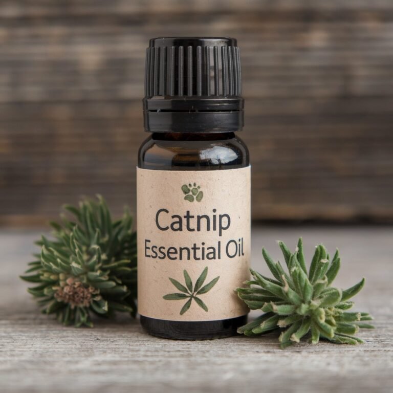 A photo of Catnip Essential Oil bottle with a label. The label has the text Catnip Essential Oil. There is a piece of Catnip next to the bottle.