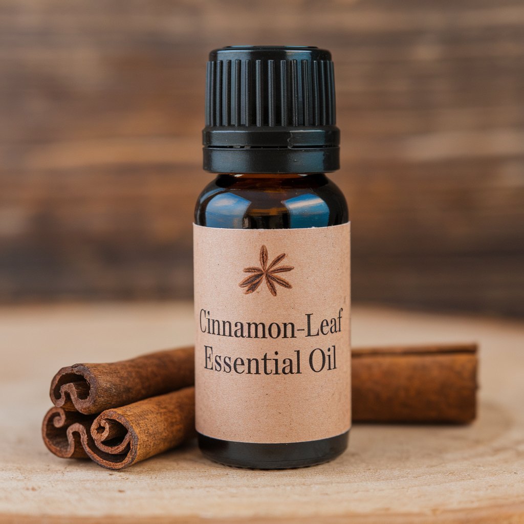 A photo of Cinnamon-Leaf Essential Oil bottle with a label. The label has the text Cinnamon-Leaf Essential Oil. There is a piece of Cinnamon-Leaf next to the bottle.