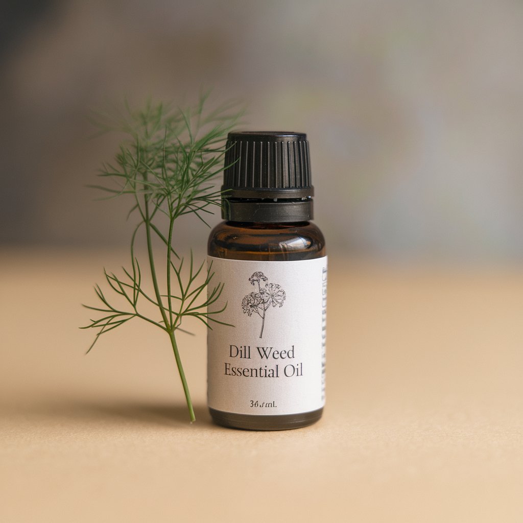 A photo of Dill Weed Essential Oil bottle with a label. The label has the text Dill Weed Essential Oil. There is a piece of Dill Weed next to the bottle.