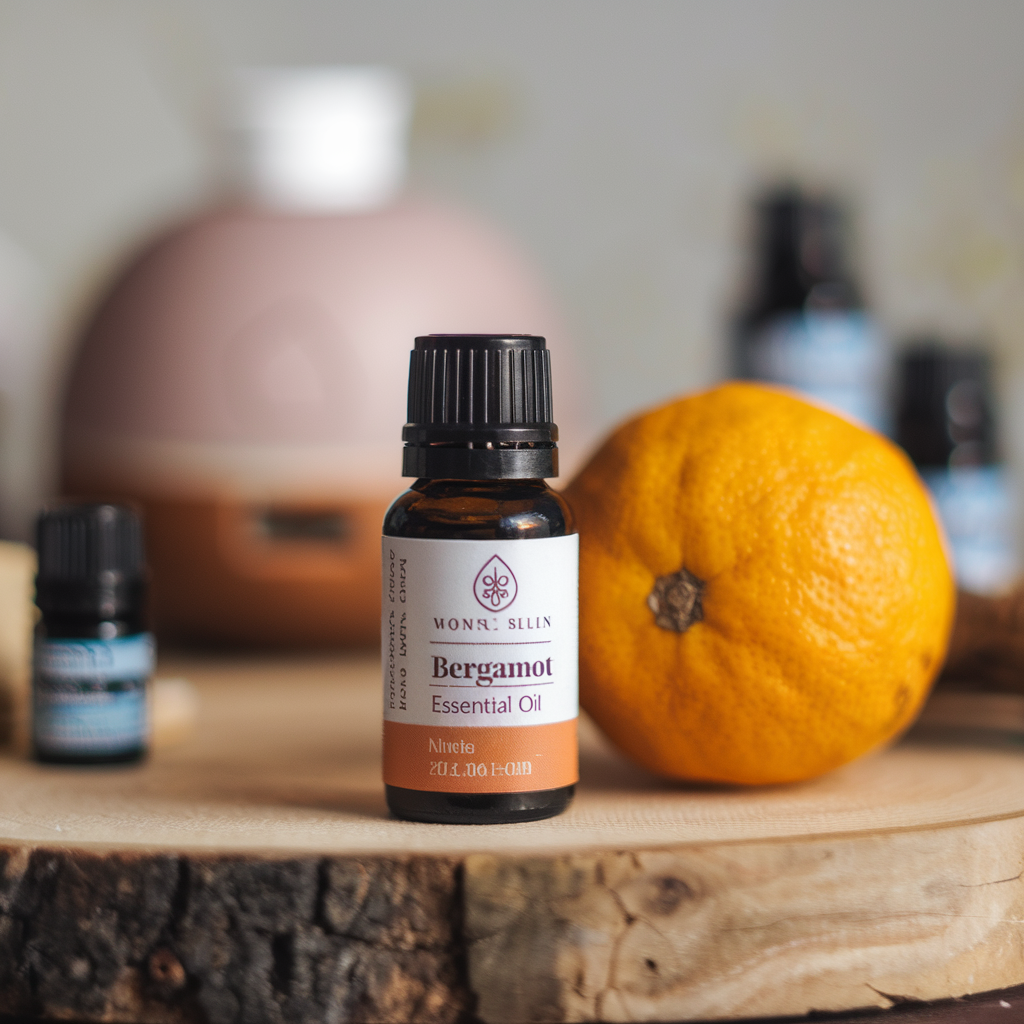 Bergamot Essential Oil label on it with bergamot fruit next to it