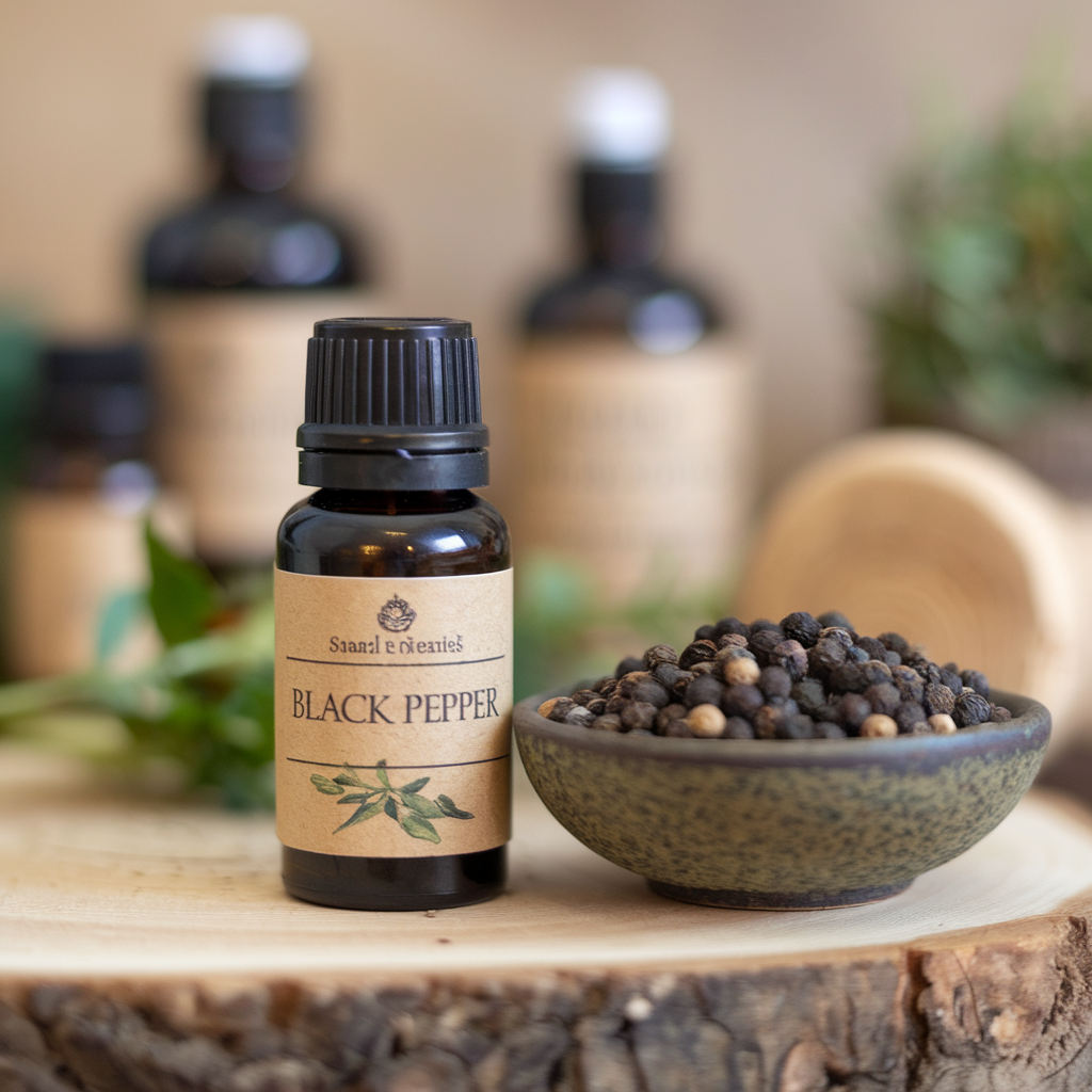 Black Pepper Essential Oil in a essential oil bottle with Black Pepper Essential Oil label on it with Black Pepper next to it