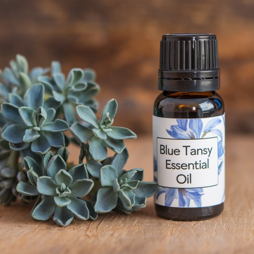 Blue Tansy Essential Oil in a essential oil bottle with Blue Tansy Essential Oil label on it with Blue Tansy next to it