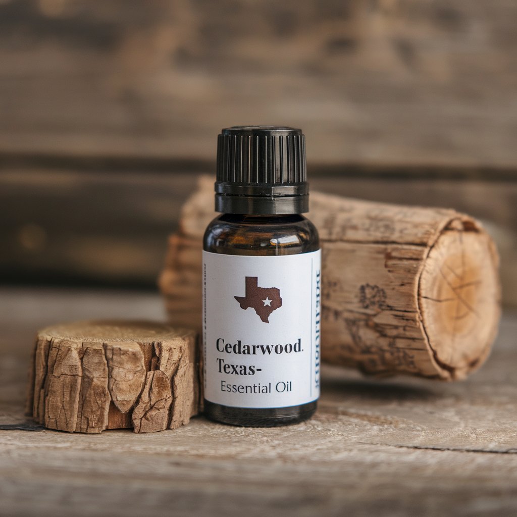 Cedarwood-Texas Essential Oil in a essential oil bottle with Cedarwood-Texas Essential Oil label on it with Cedarwood-Texas next to it