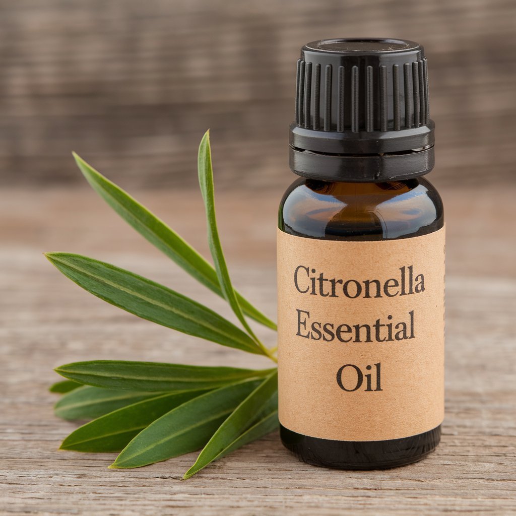 Citronella Essential Oil in a essential oil bottle with Citronella Essential Oil label on it with Citronella next to it