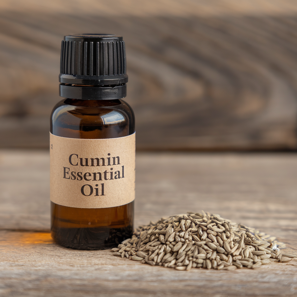 Cumin Essential Oil in a essential oil bottle with Cumin Essential Oil label on it with cumin next to it