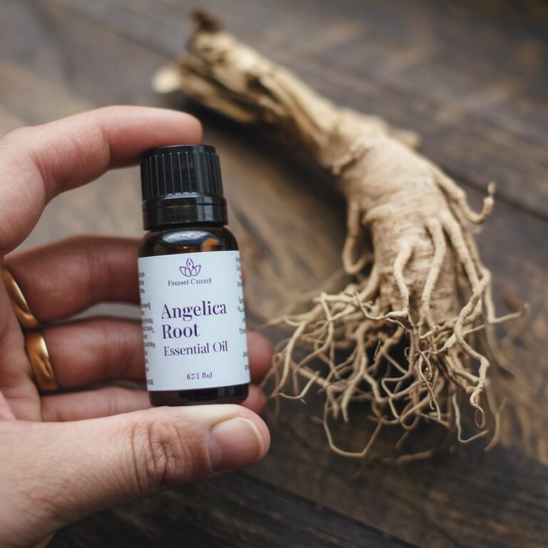 live hand model holding Angelica Root Essential Oil in a essential oil bottle with Angelica Root Essential Oil label on it with Angelica Root next to it