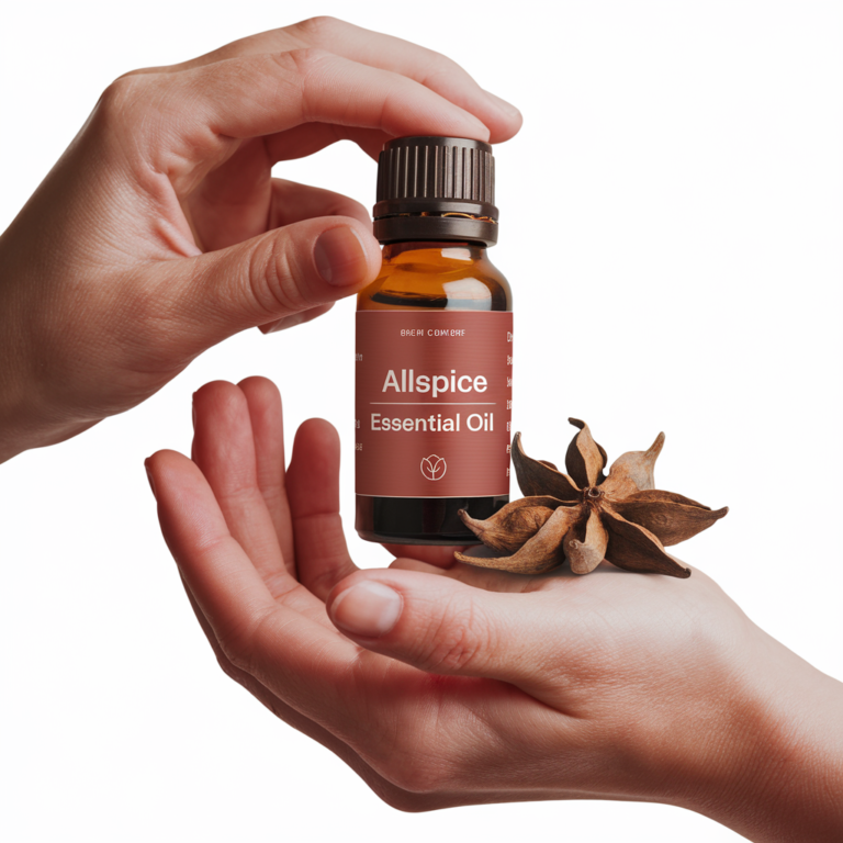 live hand model holding allspice essential oil in a essential oil bottle with allspice essential oil label on it with allspice next to it