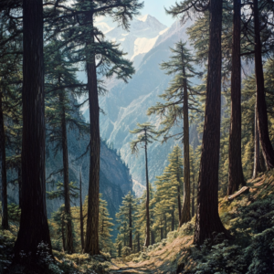 towering cedar trees nestled in the majestic Himalayan ranges.