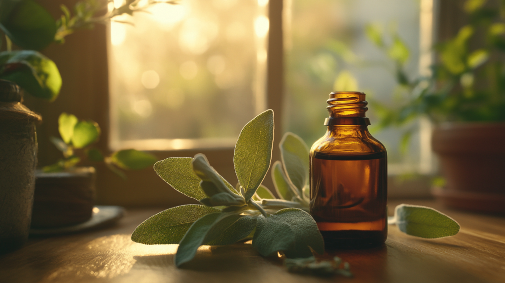 A bottle of sage essential oil placed beside fresh sage leaves, lit by warm