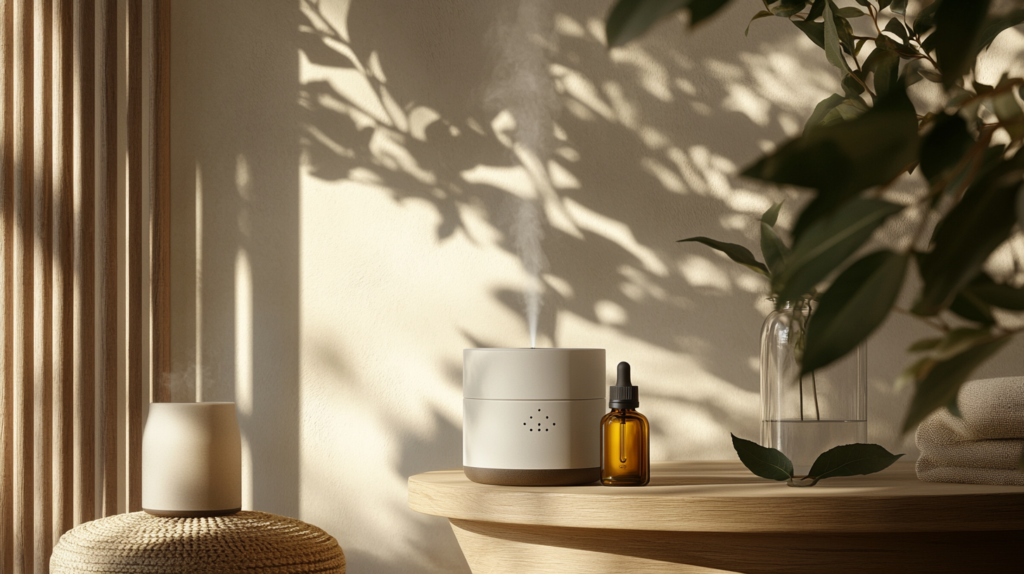 A calming scene with a diffuser gently releasing bay essential oil, capturing the serene vibe it offers to a living space.
