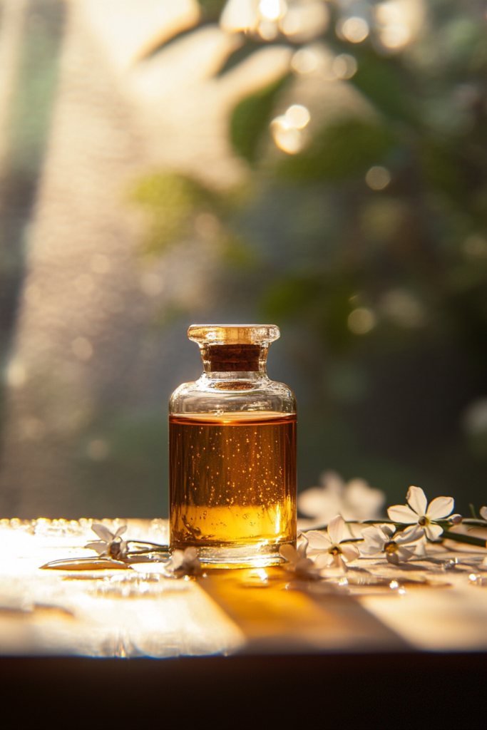 A captivating bottle of jasmine essential oil, encased in glass, basking in soft light