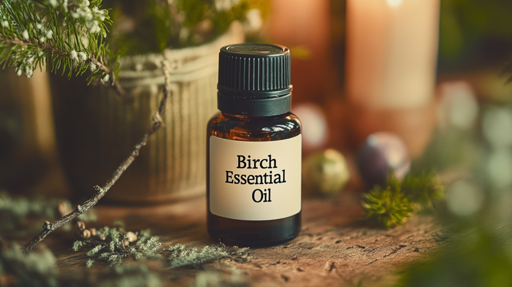 A close-up image of a beautifully designed bottle labeled Birch Essential Oil