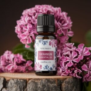 A close-up image of a beautifully designed bottle labeled Geranium Essential Oil displaying the purity and elegance of the essential oil.