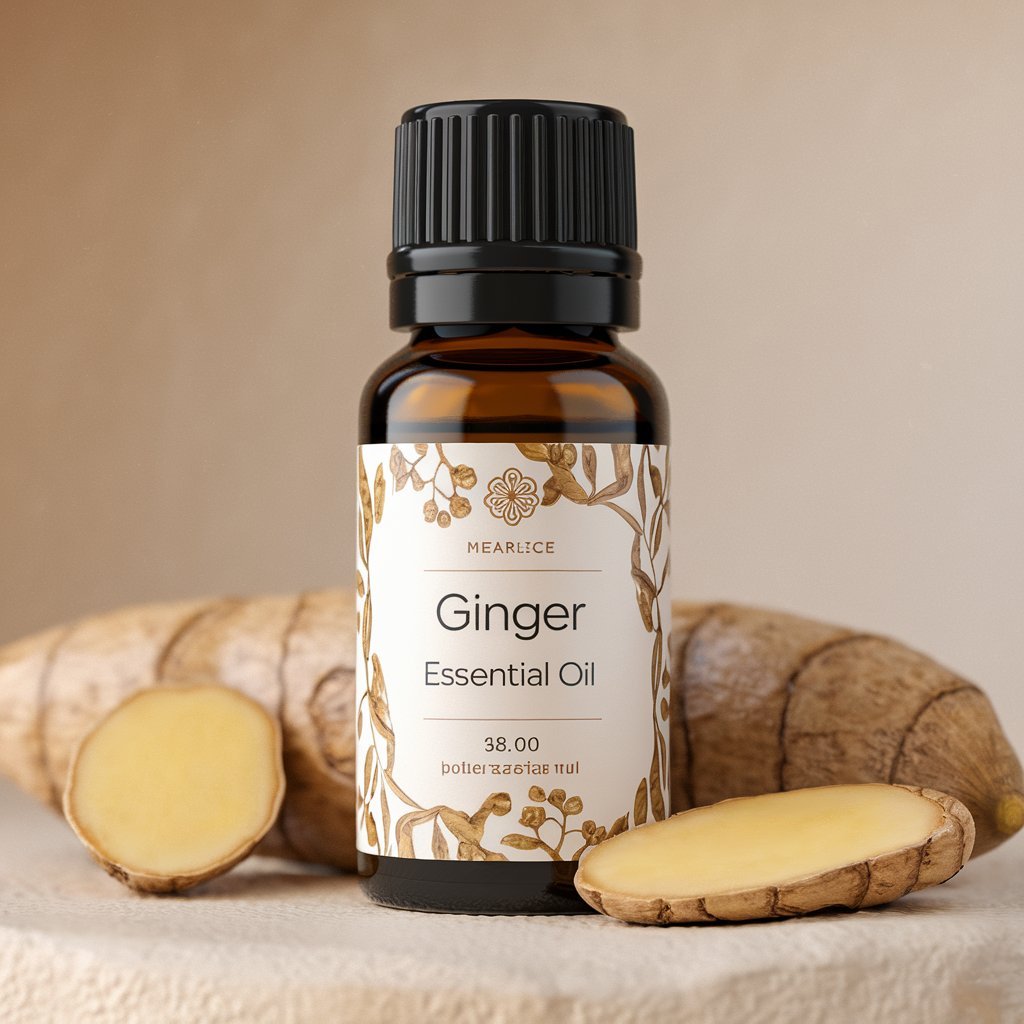 A close-up image of a beautifully designed bottle labeled Ginger Essential Oil displaying the purity and elegance of the essential oil.