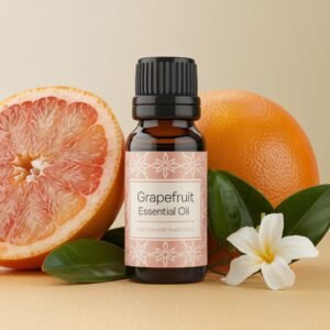 A close-up image of a beautifully designed bottle labeled Grapefruit Essential Oil displaying the purity and elegance of the essential oil.