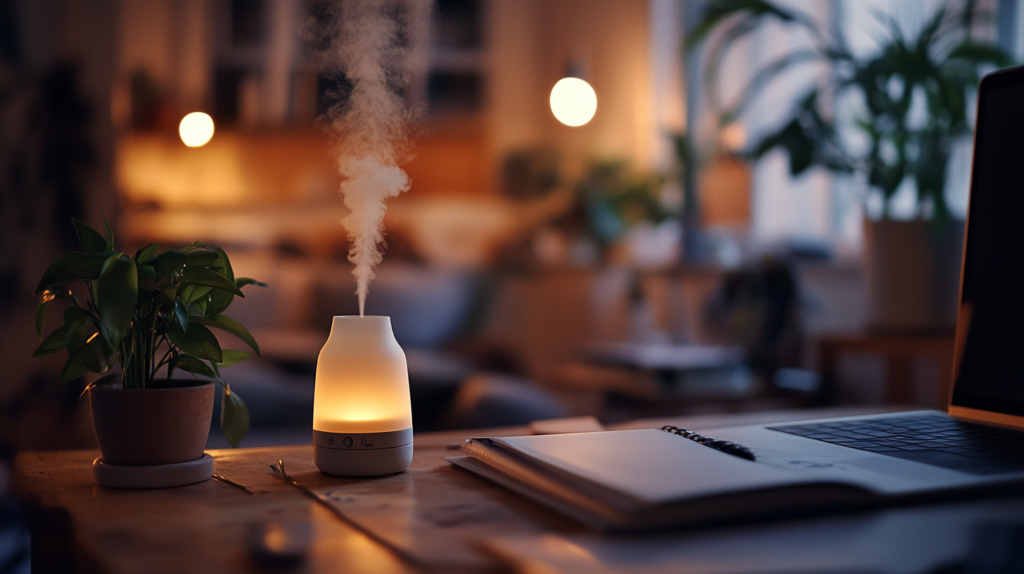 A cozy study environment with a soothing lemongrass diffuser emitting a soft mist