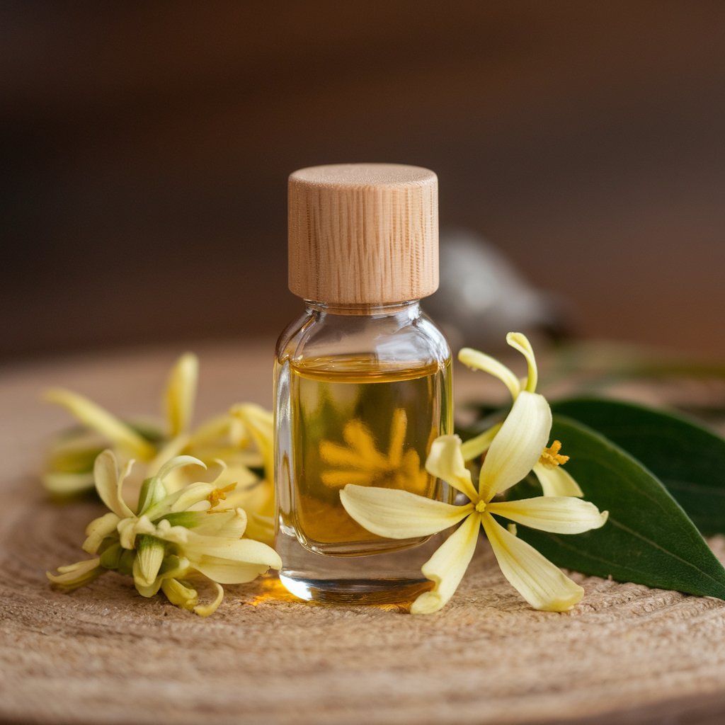 A delicate glass bottle with a wooden cap filled with the golden hue of Ylang Ylang oil