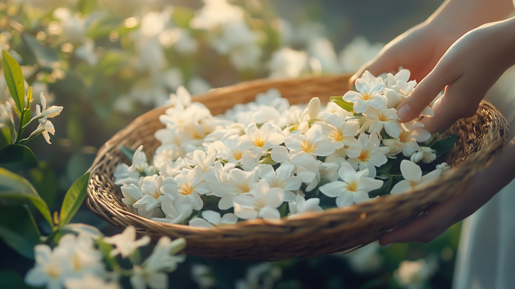 A delicate portrayal of jasmine flowers being carefully harvested in the early morning light