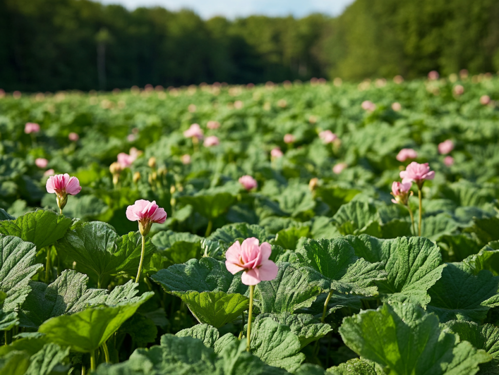 A lush field of Pelargonium graveolens, showcasing vibrant green leaves and pink blooms.