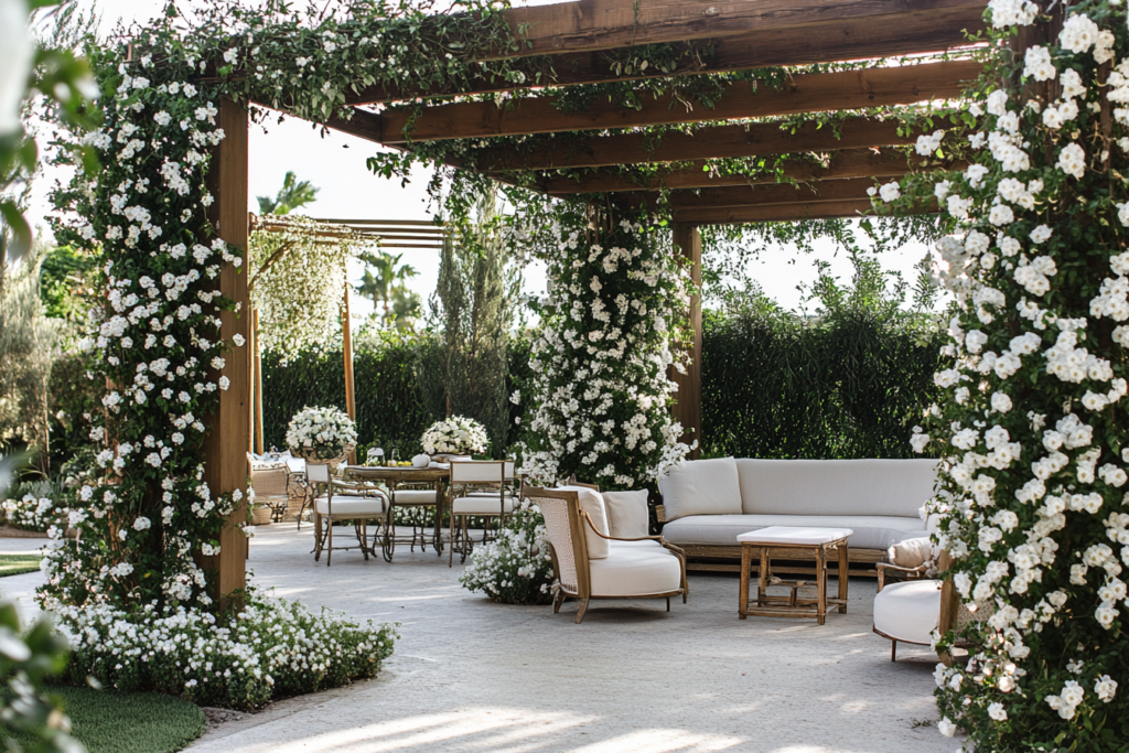 A lush jasmine plant, its climbing vines adorned with abundant white and blush blooms