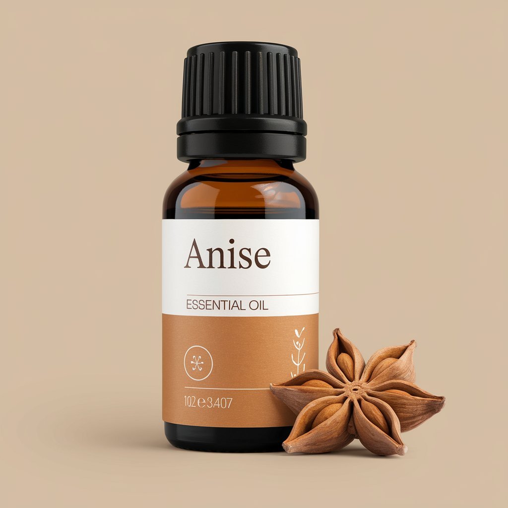 A photo of Anise Essential Oil bottle with a label