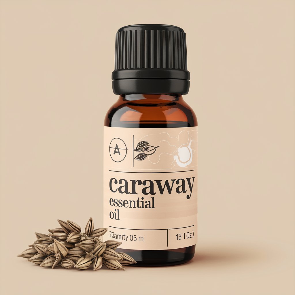 A photo of Caraway Essential Oil bottle with a label