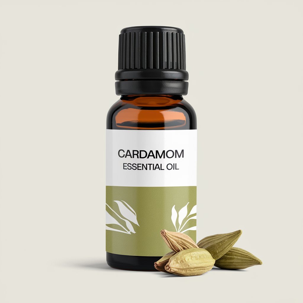 A photo of Cardamom Essential Oil bottle with a label.