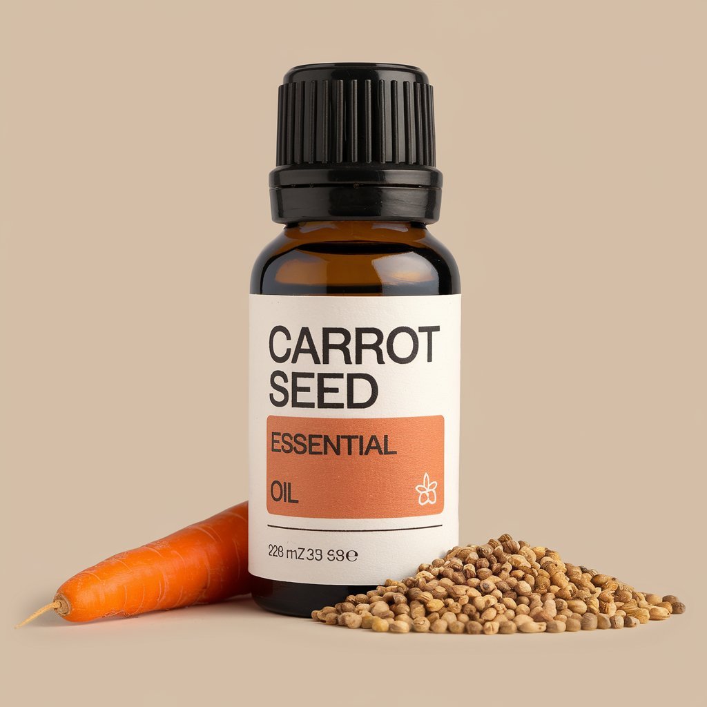 A photo of Carrot Seed Essential Oil bottle with a label