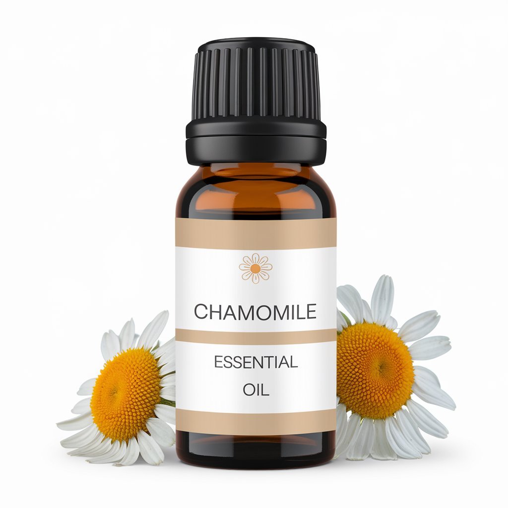 A photo of Chamomile Essential Oil bottle with a label