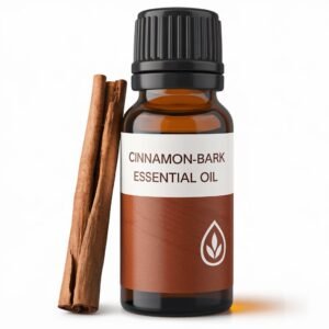 A photo of Cinnamon-Bark Essential Oil bottle with a label.