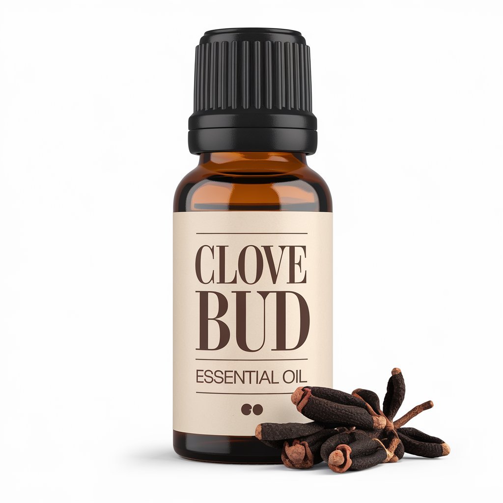 A photo of Clove Bud Essential Oil bottle with a label.