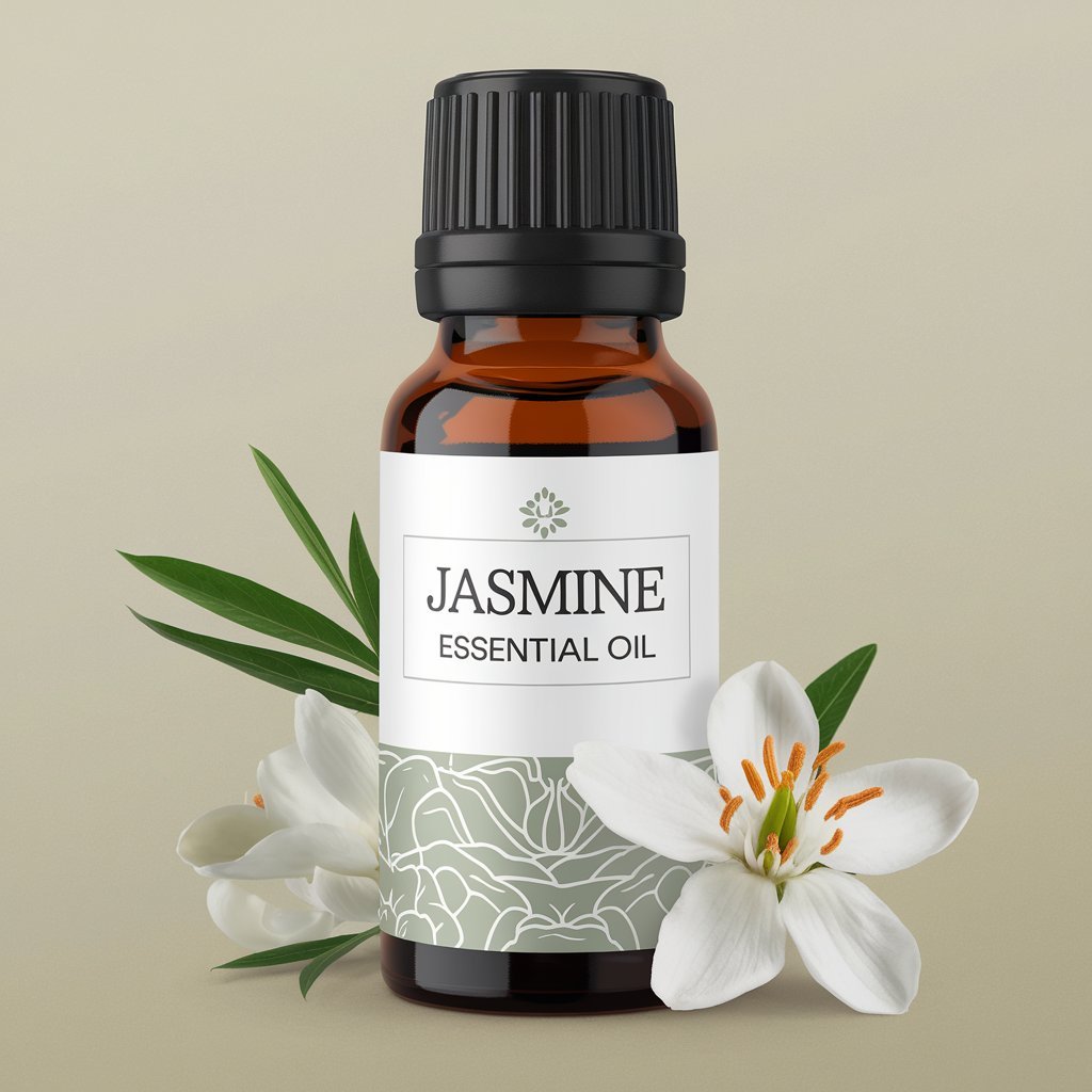 A photo of Jasmine Essential Oil bottle with a label