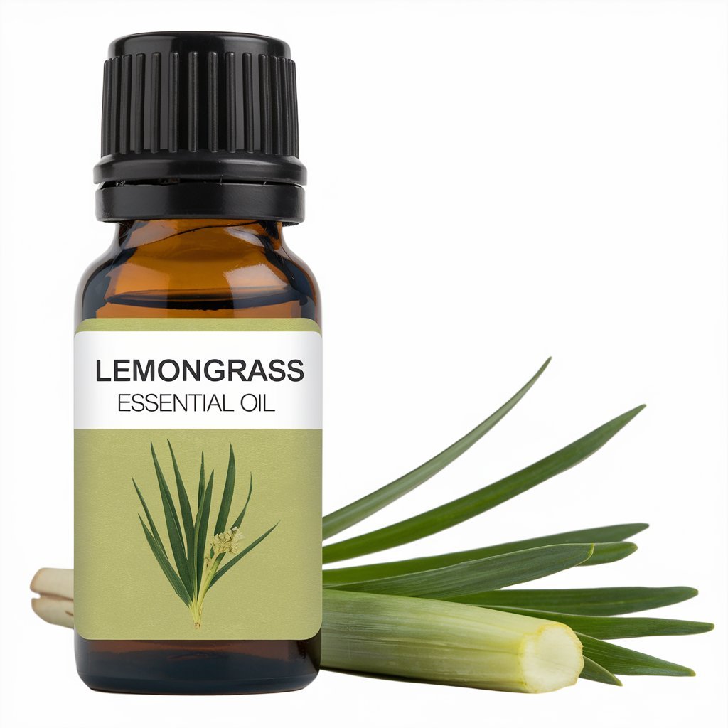 A photo of Lemongrass Essential Oil bottle with a label