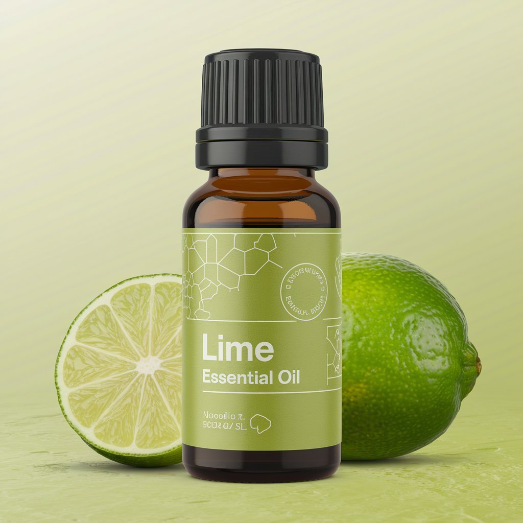 A photo of Lime Essential Oil bottle with a label