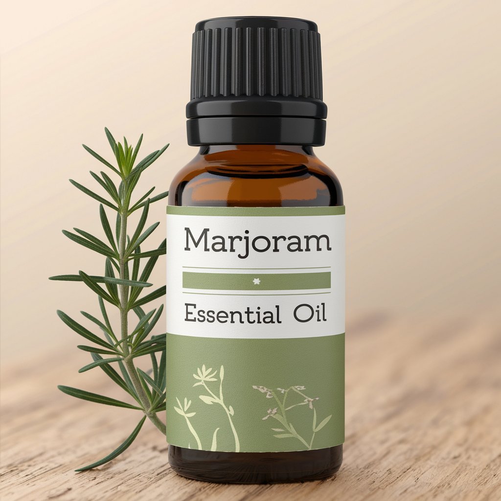 A photo of Marjoram Essential Oil bottle with a label