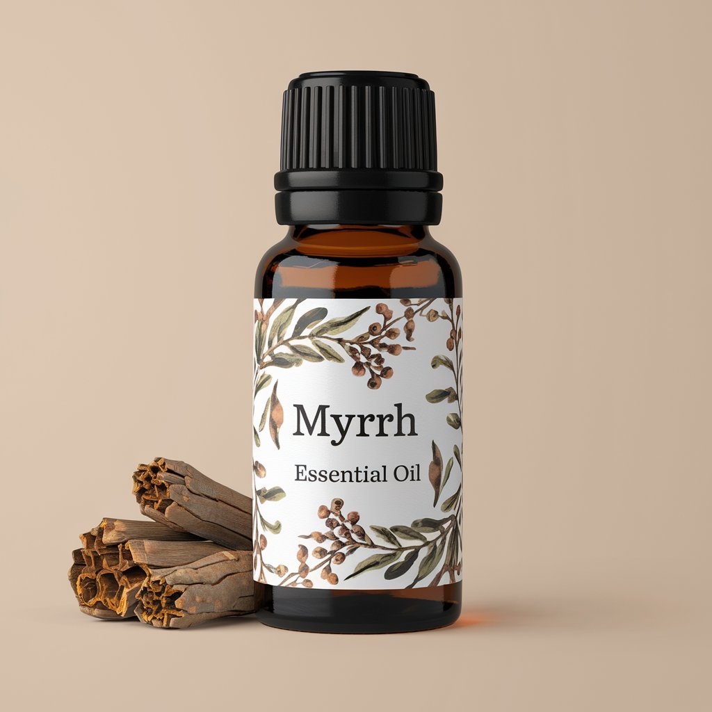 A photo of Myrrh Essential Oil bottle with a label