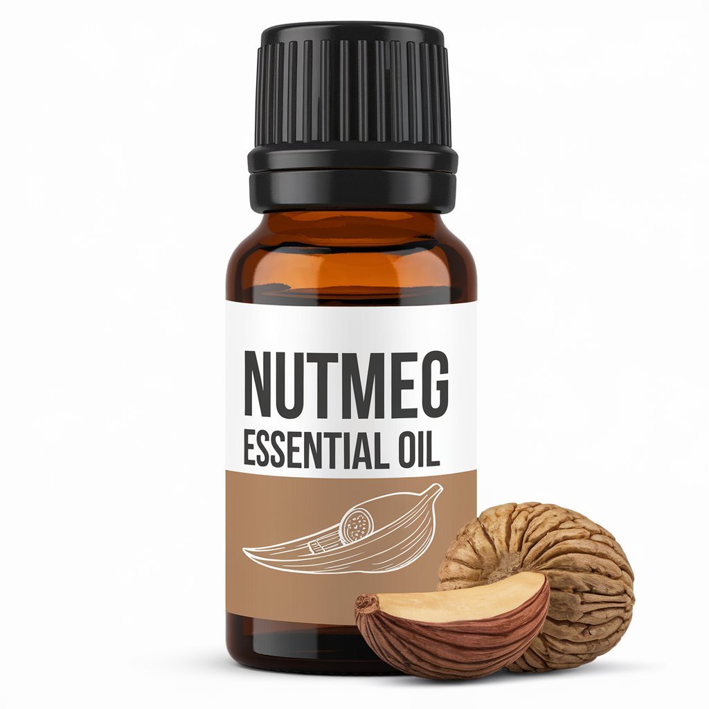 A photo of Nutmeg Essential Oil bottle with a label