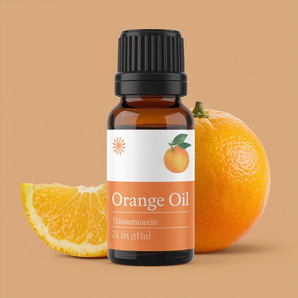 A photo of Orange Essential Oil bottle with a label.