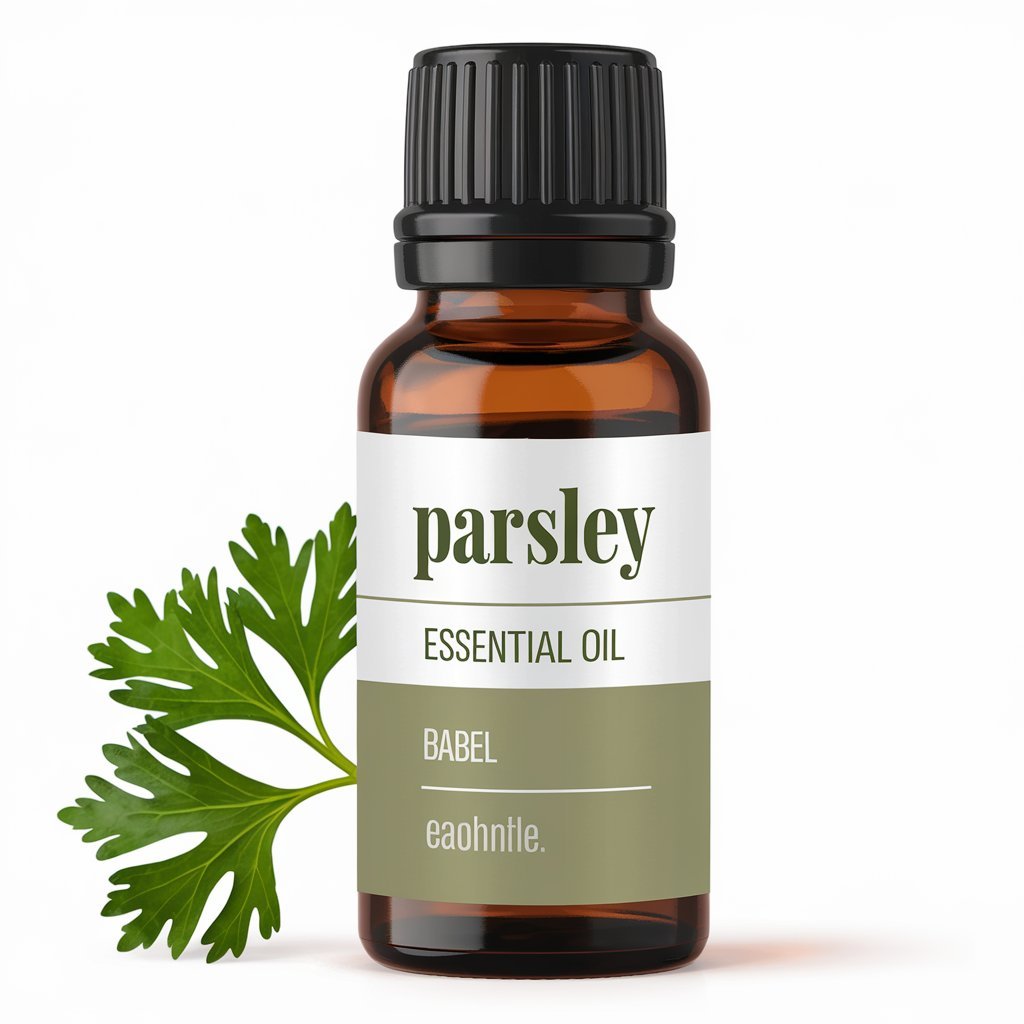 A photo of Parsley Essential Oil bottle with a label