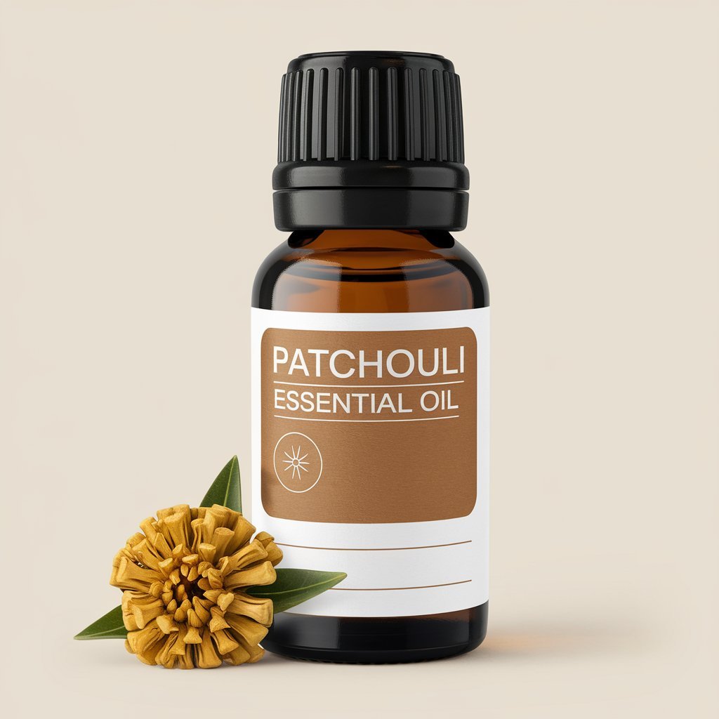 A photo of Patchouli Essential Oil bottle with a label