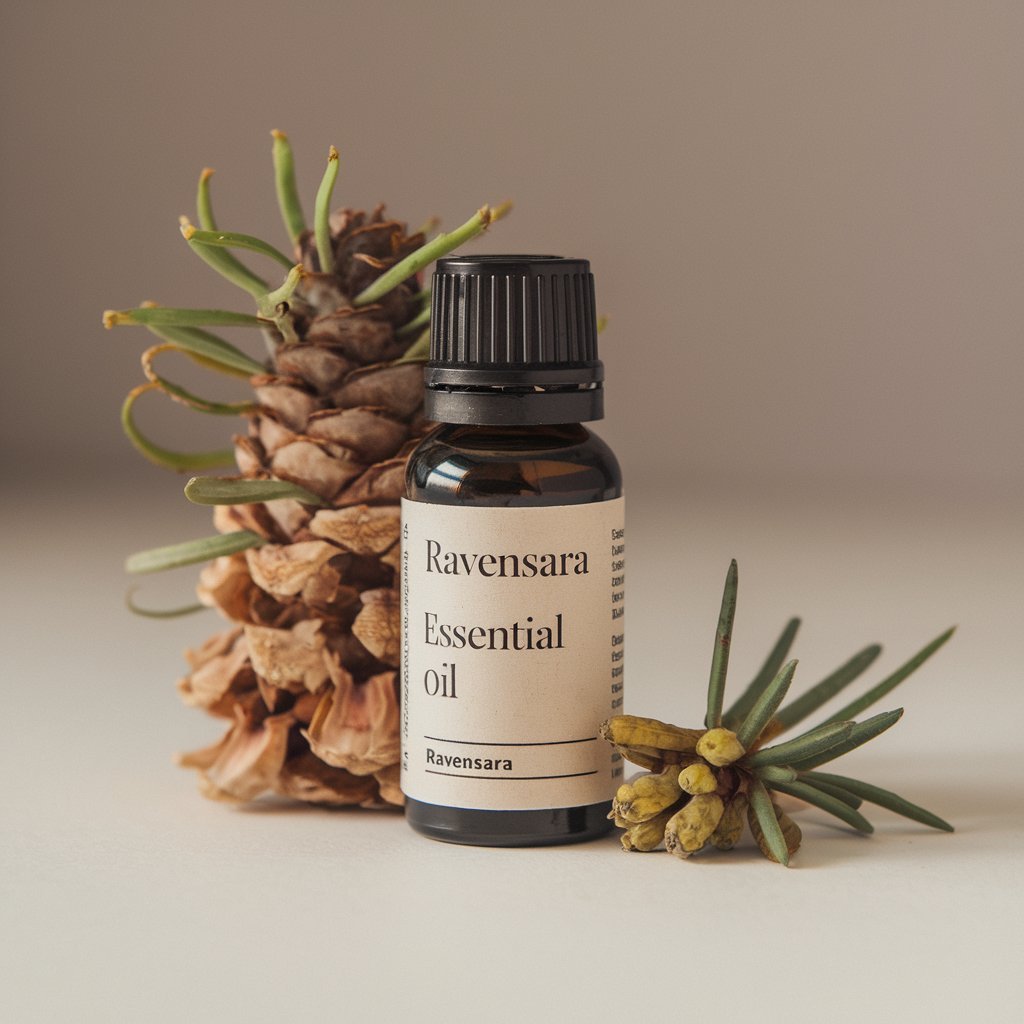 A photo of Ravensara Essential Oil bottle with a label