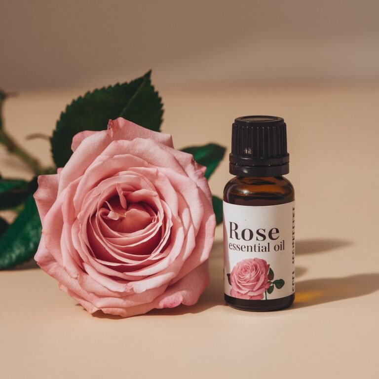 A photo of Rose Essential Oil bottle with a label