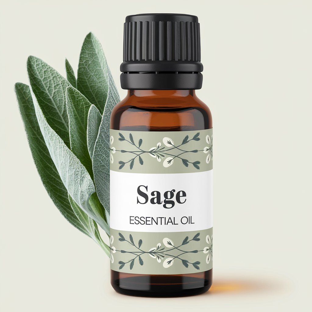 A photo of Sage Essential Oil bottle with a label.