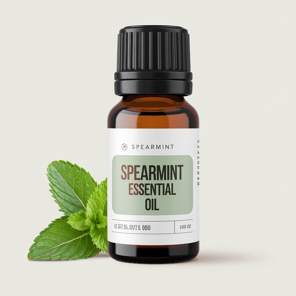 A photo of Spearmint Essential Oil bottle with a label