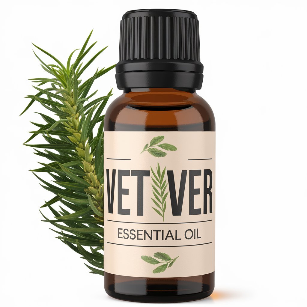 A photo of Vetiver Essential Oil bottle with a label.