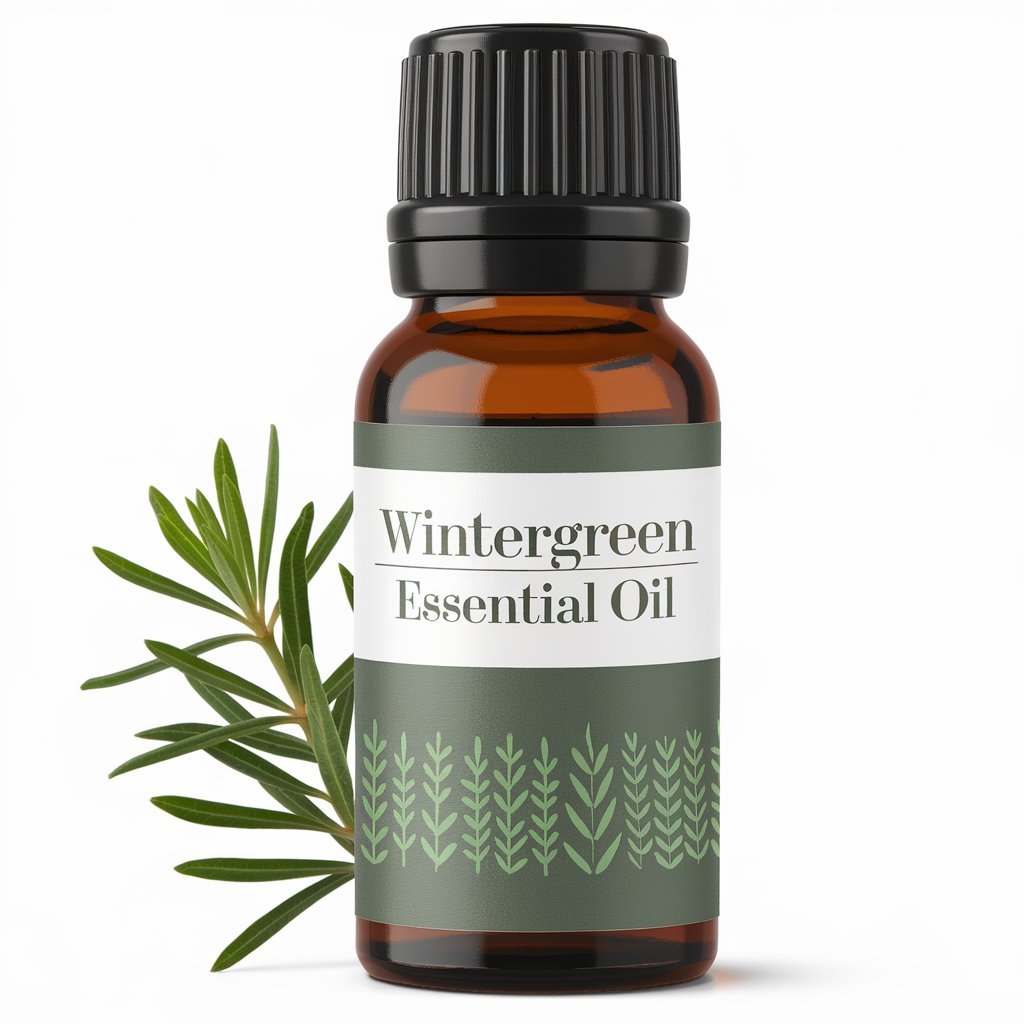 A photo of Wintergreen Essential Oil bottle with a label