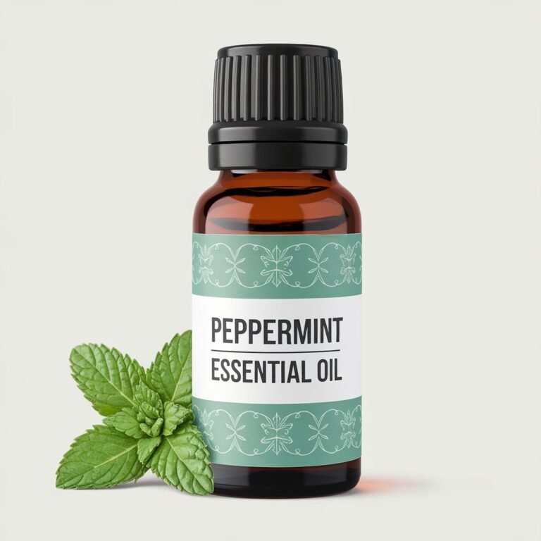 A photo of peppermint Essential Oil bottle with a label